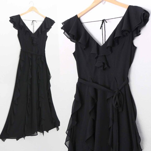 Bardot Emily Frill Maxi Dress with Ruffle Overlay 4 XS Black Dark Romantic $129 - Picture 6 of 16